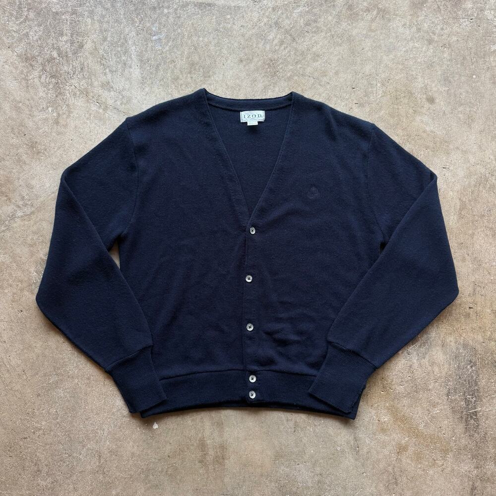 Vintage 1980s Izod Dark Navy Blue Acrylic Knit Cardigan Made in USA Size Large